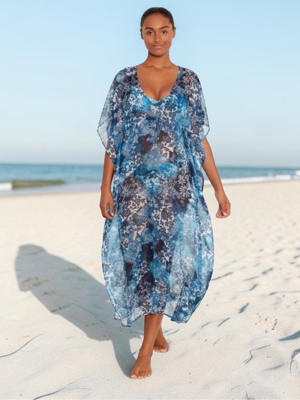 🌻NEW w/tag Lauren Ralph Lauren Indigo Patchwork Midi Caftan Cover Up Chiffon XL